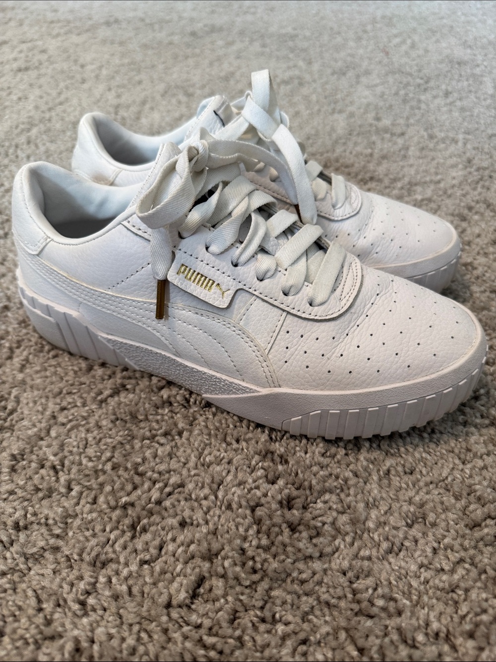 Puma White Leather Low-Top Sneakers with Gold Accent